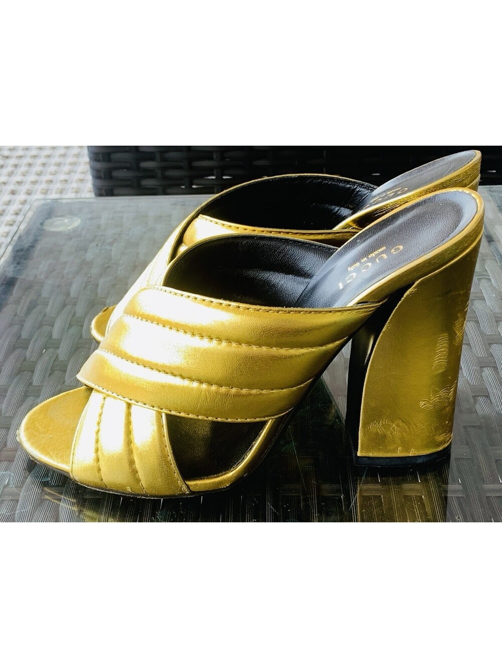 Authentic Gucci Webby Gold Metallic Quilted Leather Mules Slide Sandals 38.5 - Picture 8 of 15